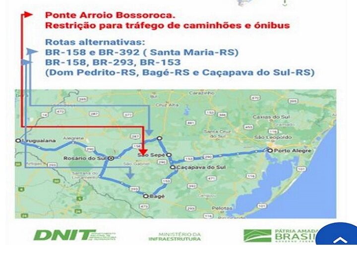 DNIT impõe restrição de tráfego para veículos pesados na ponte sobre Arroio Bossoroca na BR-290 após chuvas