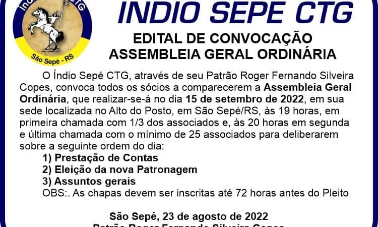 Serviço: Índio Sepé CTG convoca para Assembleia Geral