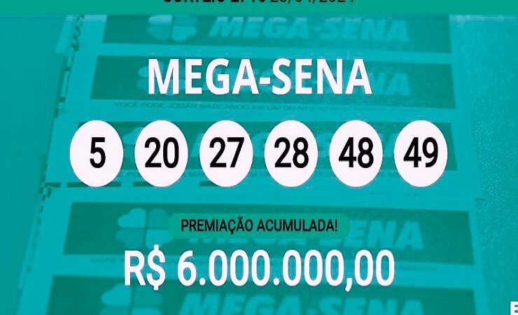 Sem ganhadores  no sorteio da Mega-Sena 2716, o prêmio acumulou-se. Para quinta-feira, 25/04, a premiação estimada é de R$ 6 milhões.