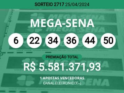 Mega-Sena: aposta de Campinas/SP ganha sozinha o prêmio de  R$ 5.581.371,92 do Concurso 2717