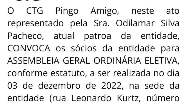 Serviço: CTG Pingo Amigo publica edital de convocação