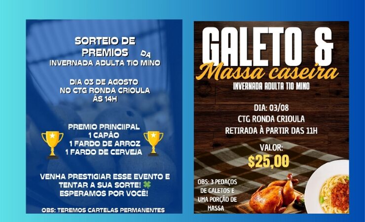 Convite especial: almoço com galeto e massa Caseira + Sorteio de Prêmios da Invernada Adulta Tio Mino