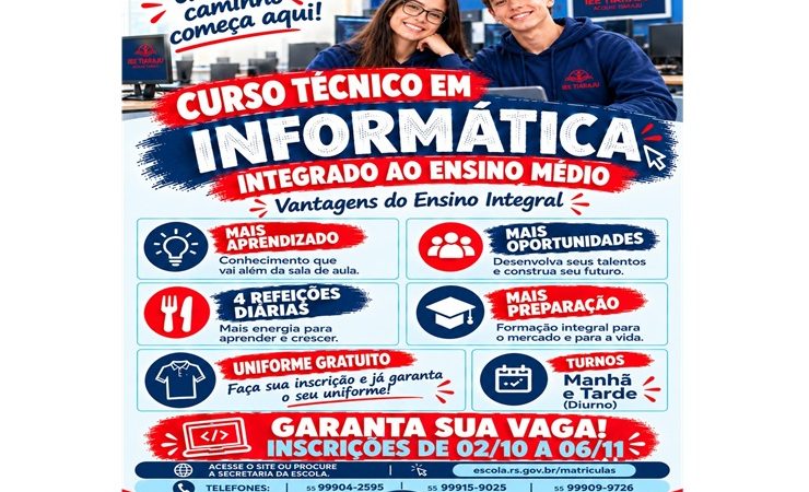 EE Tiaraju anuncia implantação de Ensino Médio em Tempo Integral integrado ao Curso Técnico em Informática em São Sepé